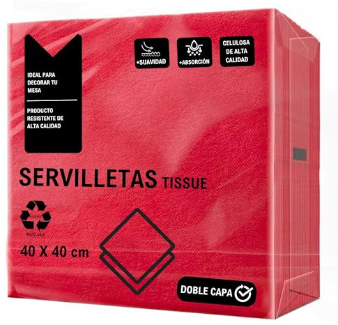 CHEFZOCO Servilletas de papel, Servilletas Desechables, servilletas Cocktail, Servilleta 100% Reciclables, Servilleta doble capa, Material Celulosa, 40 x 40 cm, Pack 50 Unidades, Color Rojo