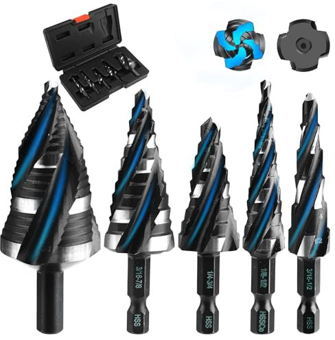 TVWVT Juego de 5 brocas escalonadas, 4 brocas en espiral para metal, 50 tamaños de brocas HSS con revestimiento de titanio con vástago hexagonal de 1/4 pulgadas para acero inoxidable, aluminio, madera