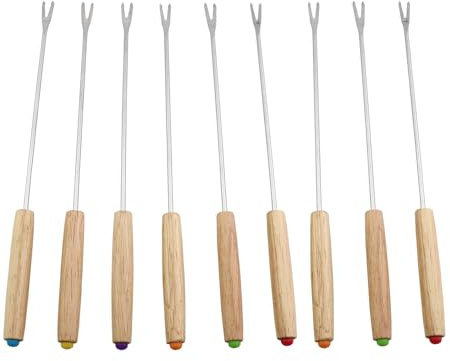 MDXing 9pcs Stainless Steel Fondue Fork Oak Handle Cheese Fondue Stick Heat Resistant Handle Chocolate Fountain Fork