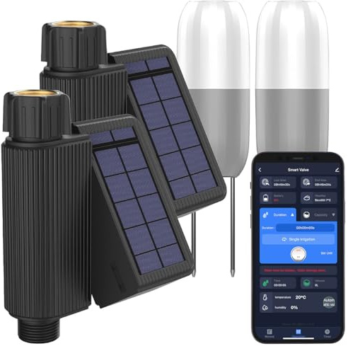 Royal Gardineer Solarbewässerungssystem: 2er-Set WLAN-Bewässerungscomputer, Solarpanel, App, 2X Bodensensor (Bewässerung Computer Bluetooth, Wassercomputer WLAN, Akkus)