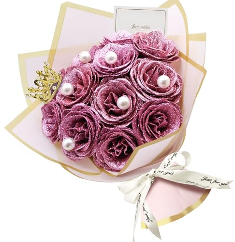 JINXIXI 12pcs Pink Glitter Roses Bouquet,DIY Artificial Flower Bouquet Kit with Fake 6 pearls flower wrapping papers,Stems Cards for Gifts Valentine's Day, Anniversary, Birthday, Wedding, Graduations
