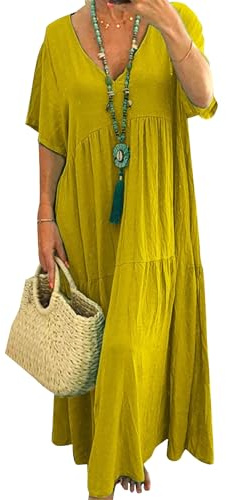 Klänning Dam Sommar Kortärmad V-ringad Maxiklänning Plus Size Casual Flowy Lös Lång Semester Strand 2025 Trendig