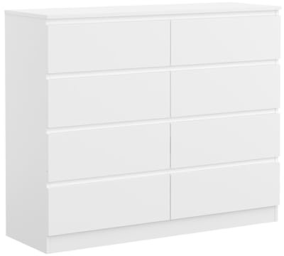 Panana 7/8 Drawers Wide Chest of Drawers, Wooden Lateral Dresser Storage Organizer Unit No Handle Sleek Design for Bedroom, Living Room, Hallway, Entryway (White, 8 Drawers)