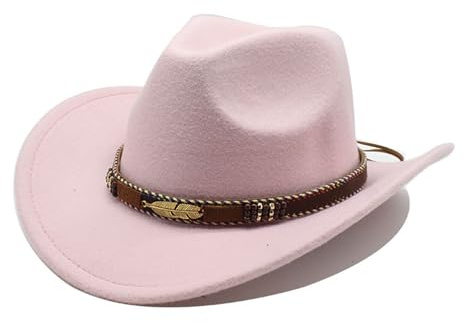 QOHNK AP Cowboyhut für Damen und Herren, Panama-Filzhut, Cowgirl-Hut, aufrollbar, Fedora-Hut mit Metallfeder, Western-Denim-Zylinderhut, rose, Einheitsgröße