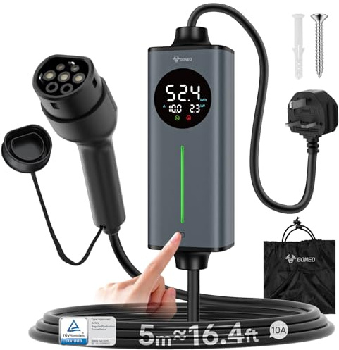GONEO Portable EV Charger 5M, 3-Pin UK Plug to Type 2 | Temperature Monitor,AC 30mA+DC 6mA Leakage & Earth Protection | 10A 2.3kW Electric Car Charging Cable for Home/Travel,Adjustable Current & Timer
