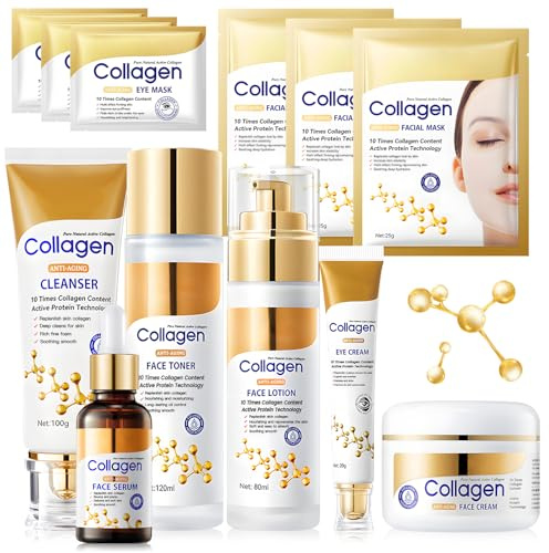 Coffrets de Soins pour la Peau, 12PCS Collagène Skincare Kit, Coffret Cadeau Femme, Cadeau Fete des Meres, Atténue les Ridules, Hydrate et Nourrit la Peau