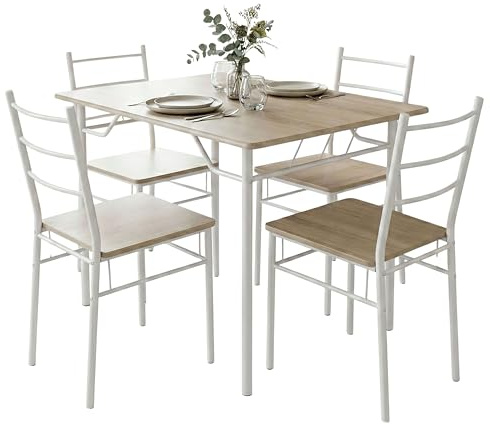 Miroytengo Juego de Mesa y 4 Sillas Cocina, Conjunto de Cocina Comedor Blanco y Roble Sonoma 110x76x70 cm y 40x85x47.5 cm