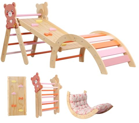 Panana Wooden Climbing Frame for Toddlers,Foldable Climbing Frame with Soft Cushion,Montessori Indoor Play Jungle Gym for Kids 166 x 49 x 69cm (Bear)