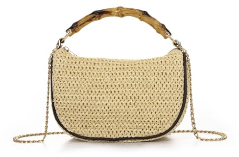 Freiesoldaten Women Straw Crossbody Bag, Boho Woven Small Shoulder Purse with Faux Bamboo Handle, Detachable Metal Chain Strap Casual Handbag for Summer Beach Vacation Travel Daily Use