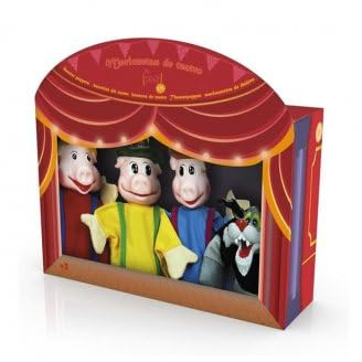 cavernedesjouets Coffret 4 marionnettes a Main, 3 Petits cochons + Loup - pour Theatre Enfant, Contes - Jeu Imagination, Role - Set Animaux et 1 Carte