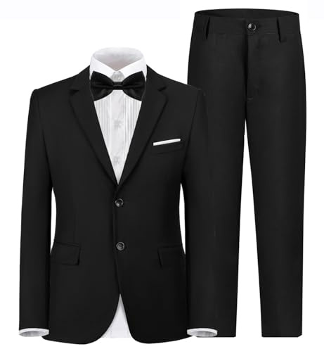 Boys Suit for Big Boy 4 Piece Blazer Pants Shirt and Bowtie Black Tuxedo Size 10