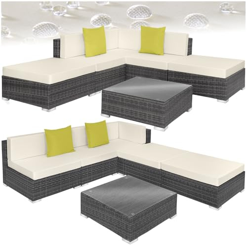 tectake® Ensemble Salon de Jardin Exterieur XXL en Poly Rotin Modulable Canapé 5 Places 3 Fauteuil Salon 2 Tabouret Pouf et 1 Table de Jardin, Mobilier de Jardin pour Amenagement Balcon Terrasse
