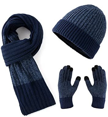 Lallier Winter 3pcs hommes laine chapeau écharpe écran tactile gants ensemble, bonnet chaud tête de mort écharpe thermique gant ensemble pour hommes (Bleu)