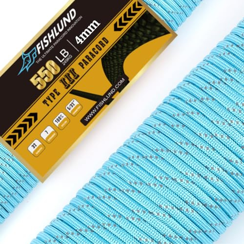 FISHLUND Reflective Paracord 550 lb, 7 Strand Paracord Rope 100ft 4mm, Nylon Parachute Cord for Camping, Lake Blue
