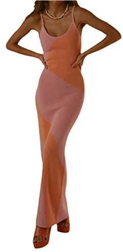 Melliflo Maxi abito da donna senza maniche con spalline sottili e stampa con motivo stampato lungo abito aderente sexy slim, O-rosa., L
