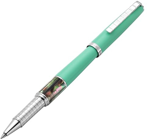 Xezo Speed Master Stylo roller, pointe fine. Vert aqua mat avec nacre noire de Tahiti. Plaqué chrome. Corps en laiton léger. Chaque pièce unique