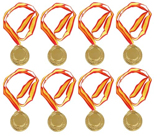 Durabol 8 Medallas Premio Ganador Metal con Cintas españa, para niños y Adulto como obsequio - con Cinta roja y Amarilla aptas para Varios Eventos Deportivos (8 Dorada 6.5 cm)