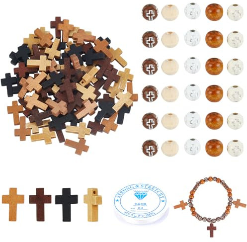 nbeads 330 Stück Kreuz Armband Craft Kit, Holzkreuz-Anhänger Runde Acryl- und Holzperlen Mit Elastischem Faden für DIY Armband Halskette Ohrring Schmuck Machen