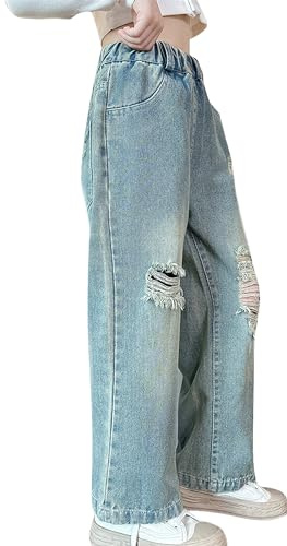 FEOYA Kids Girls' Casual Wide Leg Baggy Jeans Children Retro Denim Ripped Pants Loose Trousers Vintage Streetwear E1 12-13 Years