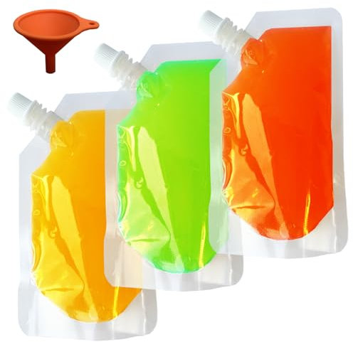 20Pack Clear Drink Pouches 420ml with caps and Funnel for Festivals,Leak Proof Alcohol Juice Liquid Pouches Bags, Beverage Bags, Plastic Hip Flask for Parties, Picnic, Travel, Sports