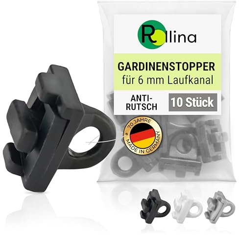 Rollina Premium Gardinenstopper für Schienen mit 6 mm Laufkanal (10 Stück) | Stopper mit Anti-Rutsch Funktion | Feststeller für 6mm Gardinenschienen (10, Schwarz)