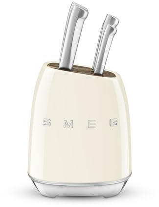 Smeg, Bloc de Couteaux KBSF02CR, 6 Couteaux Inclus en Acier Inoxydable, Corps de Bloc en Acier Inoxydable et Fente pour Couteau en Bois d’Acacia, Crème