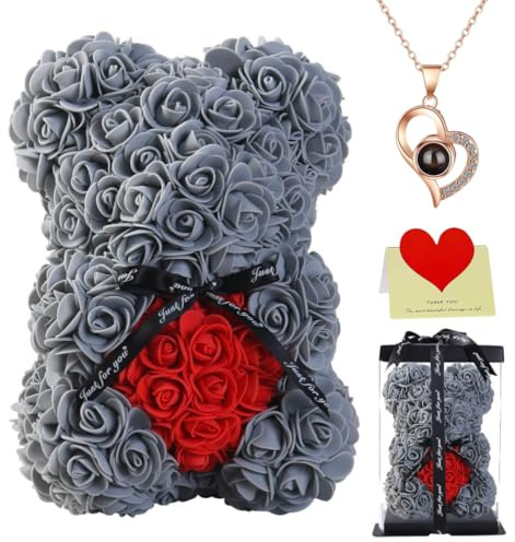 Rosenbär mit Geschenkbox – Handgemachter Rose Teddybär aus Schaumrosen – Geschenk für Frauen, Freundin, Mutter – Personalisierte Deko für Valentinstag, Geburtstag, Hochzeit, Jahrestag (Grau)
