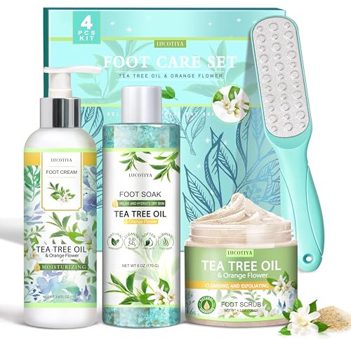 LUCOTIYA Tea Tree & Orange Flower Foot Soak Set - Salts, Foot File, Scrub & Urea Cream Pedicure Supplies for Dry, Cracked Feet - Foot Spa Pedicure Kit for Women Men