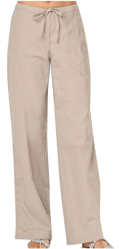 Capri Trousers Women Linen Trouser Womens UK Casual Smart Palazzo Pants Elasticated Waist Loose Fit Plain Cotton Linen Straight Leg Work Going Out Beach Pants with Pockets Khaki