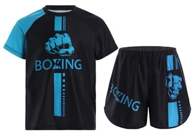 Jugaoge Enfant Garçon Ensemble de Boxe Shirt et Short Muay Thai MMA Kickboxing Uniforme det Survêtements A Bleu clair 9-10 ans