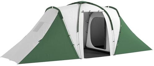 Outsunny Tenda da Campeggio 4-6 Persone con 2 Camere e Zona Soggiorno, Tenda da Esterno a 2 Porte, Resistente all'acqua e ai Raggi UV, con Borsa da Trasporto, 555x225x190 cm, Grigio e Verde