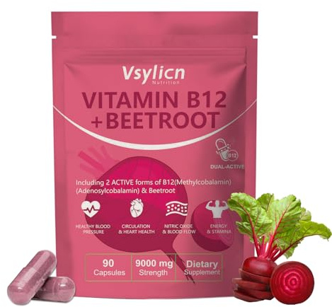 Beetroot & Vitamin B12 Complex – 9000mg Beetroot + 1000mcg Dual B12 (Methylcobalamin & Adenosylcobalamin) – Nitric Oxide Boost, Blood Pressure & Digestion, Energy & Immune Support – 90 Capsules