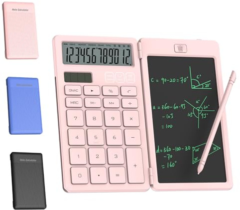 NEWYES Calculatrice avec Tableau D’Écriture pour Collège et Lycée, Rose | Solaire et Batterie,Écran HD 12 Chiffres, Petite Calculatrice Bureau Simple Base Poche Repliable pour École, Bureau et Maison