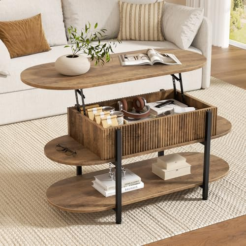 Mossora 41.7 Oval Lift Top Coffee Table, Fluted Wood Center Table with Hidden Storage, 3 Tier Small Tables with Curved Edge, Modern Narrow Coffee Table for Living Room Reception Room, Vintage Oak