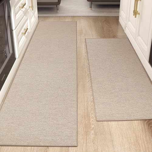 COLOR&GEOMETRY Kitchen Rugs Non Slip Washable 61x92cm+61x183cm, 4mm Thin Woven Rubber Backed Kitchen Runner Rug, Absorbent Easy to Clean Floor Mats for in Front of Sink, Laundry Room, Hallway, Khaki