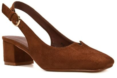 ESSEX GLAM Women's Slingback Court Shoes Ladies Square Toe Low Mid Block Heel Evening Classic Pumps Size 3-8 (Brown Faux Suede, UK Footwear Size System, Adult, Women, Numeric, Medium, 7)