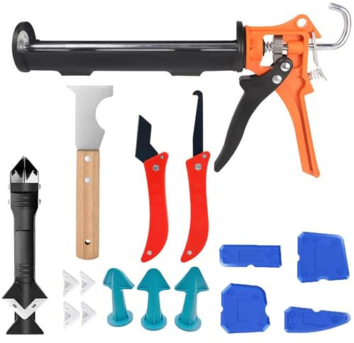 Set di pressa per cartucce con rimozione in silicone e piastra per fughe – pistola in silicone da 310 ml con strumento per rimuovere e lisciare le fughe per cucina, bagno, piastrelle