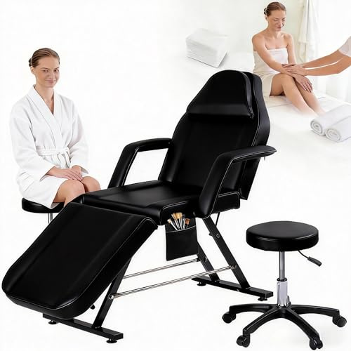 LSLIFE Beauty Massage Bed Adjustable Professional Massage Table with Adjustable Swivel Massage Stool Detachable Armrest Pillow for Spa Tattoo Esthetician(BLACK)
