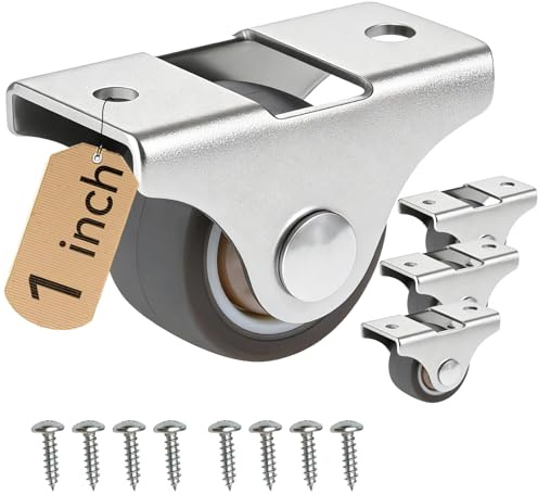 Mini Fixed Drawer Rubber Caster Wheels,1 Inch, Non Swivel Craft recessed Caster Wheels, Set of 4, Small Rigid Furniture Low Profile Roller Castors, 130 Lbs Load, for Home Furniture and Bed Storage
