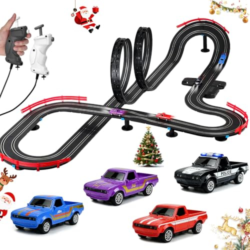 3 IN 1 Slot Car Race Track Set 1:87 with 4 High Speed Vintage Pickup Trucks, Electric Battery Dual Race, 2 Controllers, Lap Counter, Overpass, Loop Crossover, Toys Gifts for Kids Teens Adults All Ages