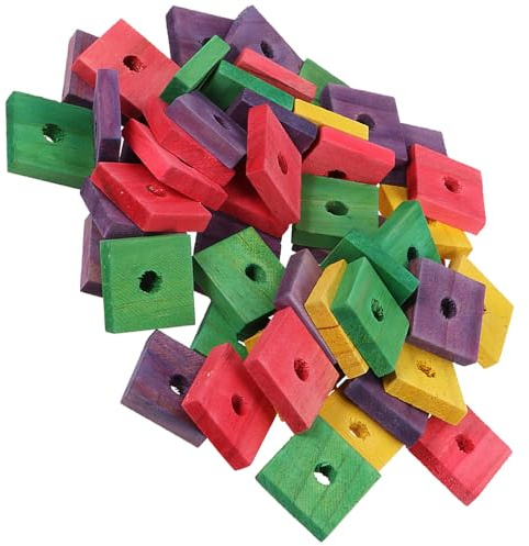 DOITOOL 50 Piece Wooden Parrot Bite Toys DIY Bird Cage Accessory | Hole Cut Chips, Interactive Enrichment Play, for Finches and Cockatiels, Bright Vivid Colours Random Color
