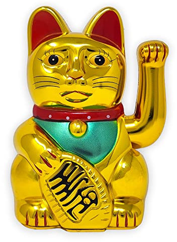 Gato de la suerte Starlet24, gato que saluda, gato Feng Shui, Maneki Neko, plástico, Gold Glänzend, 15 cm