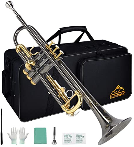 EASTROCK Bb Trumpet Standard Trumpet Set with Carrying Case,Gloves, 7C Mouthpiece, Tuning Rod, Black Nickel,Hand Carved Craft