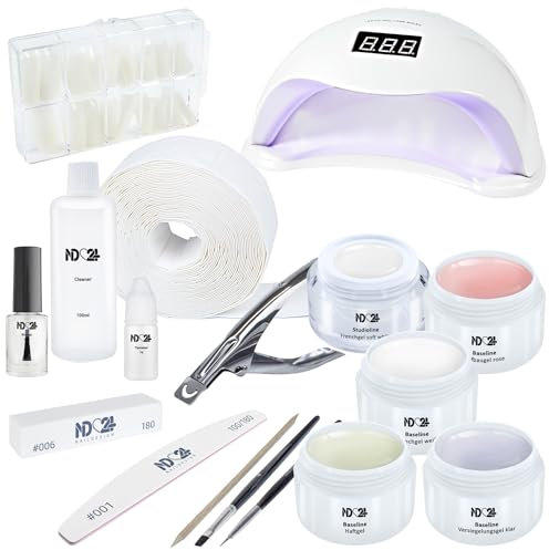 Gelnägel Set - Nägel Selber Machen Starterset mit Shellac - All-in-One Nails Set mit Haftgel, Aufbaugel, Frenchgel, Versiegelungsgel, UV-Lampe - Polygel Starter Set für Anfänger