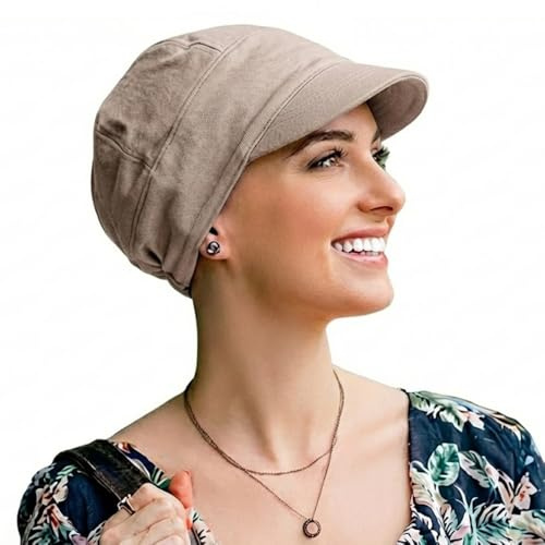 CAREBELL Gorra Oncológica Capri/con Visera/Pérdida de Cabello/Quimioterapia y Alopecia/Apto Pieles Sensibles/Tejido de Bambú/Crema