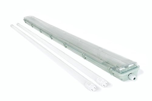 LED-Set: 1x Feuchtraumleuchte 2x150 cm + 2x LED-Röhre T8 24W 120 cm – kaltweißes Licht 6000K – wasserdicht nach IP65 – beständig gegen Feuchtigkeit und Staub – Beleuchtung für Garage und Lager