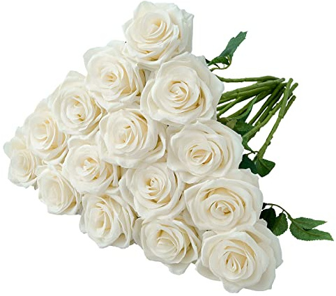 Carlita‘s Blooms 15pcs Ivory Roses Artificial Flowers Silk Fake Flowers Realistic White Roses Bouquet Long Stem for Wedding Home Party Birthday Decoration