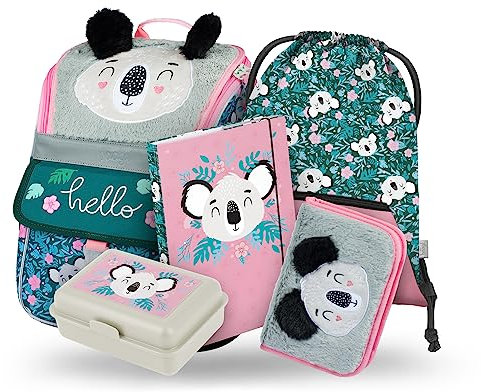 Schulranzen Mädchen Set 5 Teilig - Schultasche ab 1. Klasse - Grundschule Ranzen mit Brustgurt - Ergonomischer Schulrucksack (Baby Koala)
