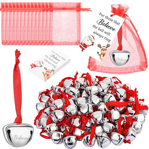 Equsion 100 Pcs Christmas Believe Bell Ornaments 1.5 Inch Santa Sleigh Gift Bell Decoration for Christmas Tree with Red Ribbon Card and Organza Bags Kid Adult (Silver)
