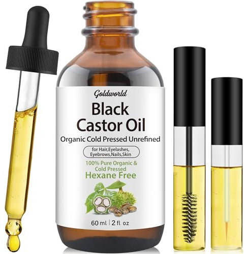 GoldWorld Olio di ricino nero puro al 100% biologico pressato a freddo, per capelli, sopracciglia, ciglia, siero per la crescita delle ciglia, olio di ricino per pelle, corpo, viso, oli di ricino non
